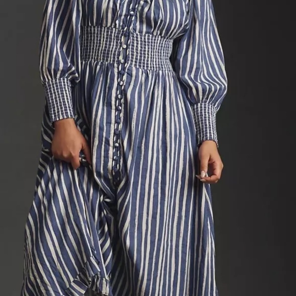 Anthropologie Long Sleeve Sweetheart Maxi Midi Dress Blue Motif - Picture 4 of 9